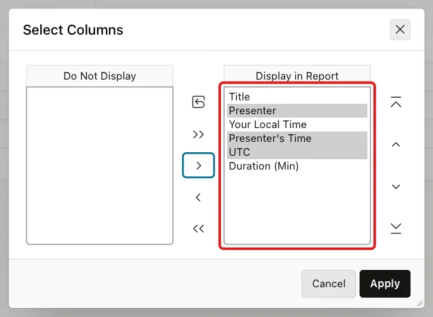 Select Columns dialog with Presenter, Presenter's Time and UTC moved to Display in Report, marked with a red box