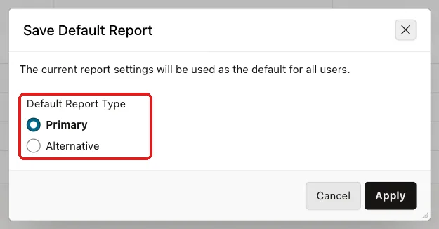 Save Default Report dialog with Default Report Type Primary marked with a red box