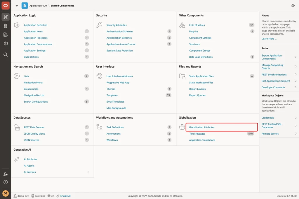 Shared Components page with the Globalization Attributes link marked with a red box