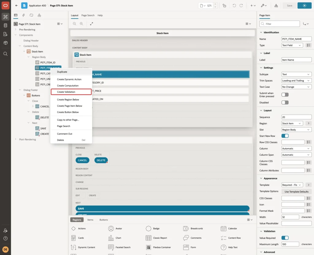Context menu of P571_ITEM_NAME with Create Validation marked with a red box