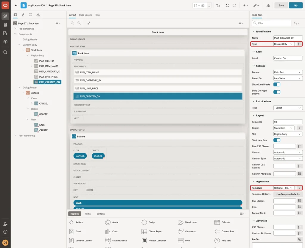 P571_CREATED_ON with Type Display Only and Template Optional - Floating marked with red boxes