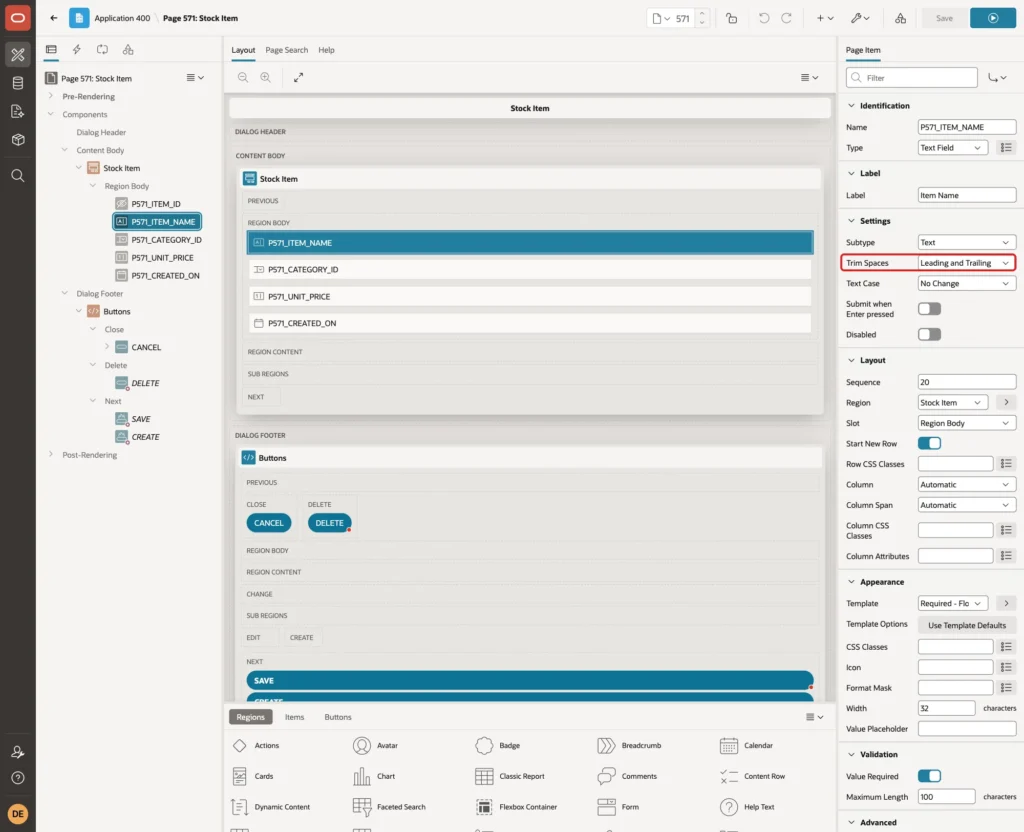 P571_ITEM_NAME in Page Designer with Trim Spaces Leading and Trailing marked with a red box