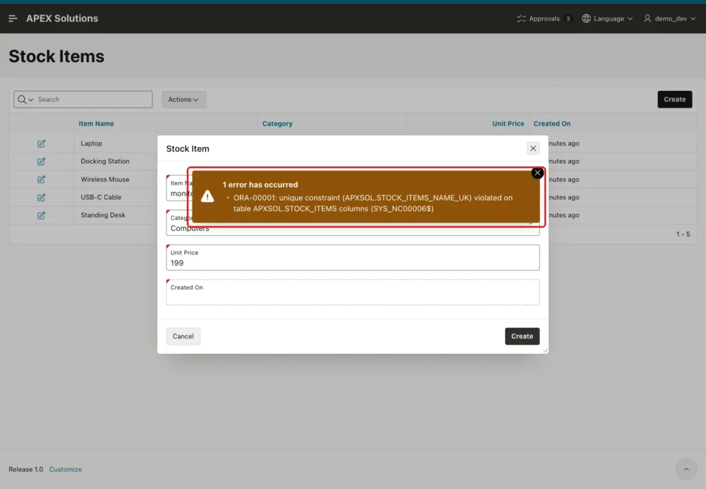 Stock Item dialog showing the raw ORA-00001 message with STOCK_ITEMS_NAME_UK and SYS_NC00006$, marked with a red box