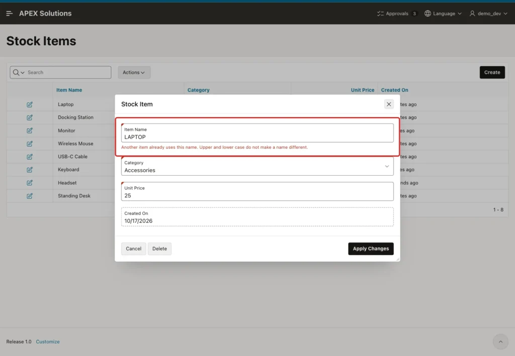 Edit dialog of Wireless Mouse with the name changed to LAPTOP and the unique name message marked with a red box