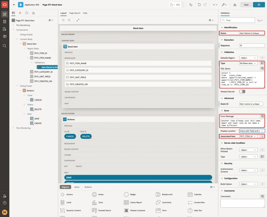 Validation Item Name Is Unique with Type No Rows returned, the SQL Query, the Error Message and Associated Item marked with red boxes