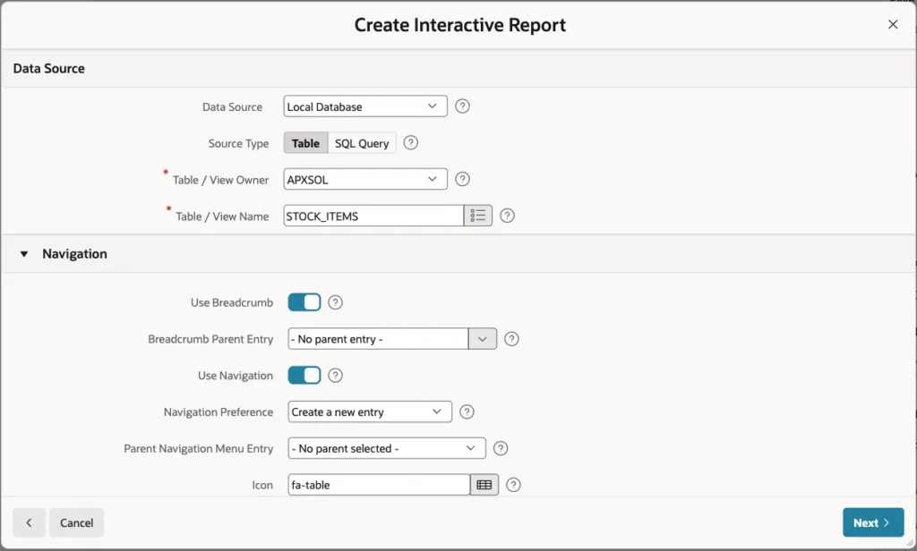 Navigation section of the Create Interactive Report wizard with breadcrumb and navigation menu settings