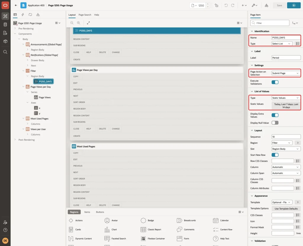 Page Designer with the page item P1250_DAYS, Type Select List, Page Action on Selection Submit Page, List of Values Type Static Values and the list entries marked with red boxes
