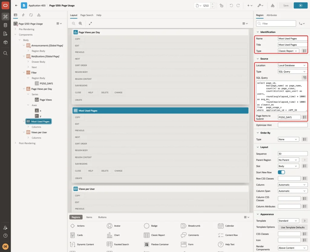 Page Designer with the region Most Used Pages, Type Classic Report, Location Local Database, Type SQL Query, the query and Page Items to Submit marked with red boxes