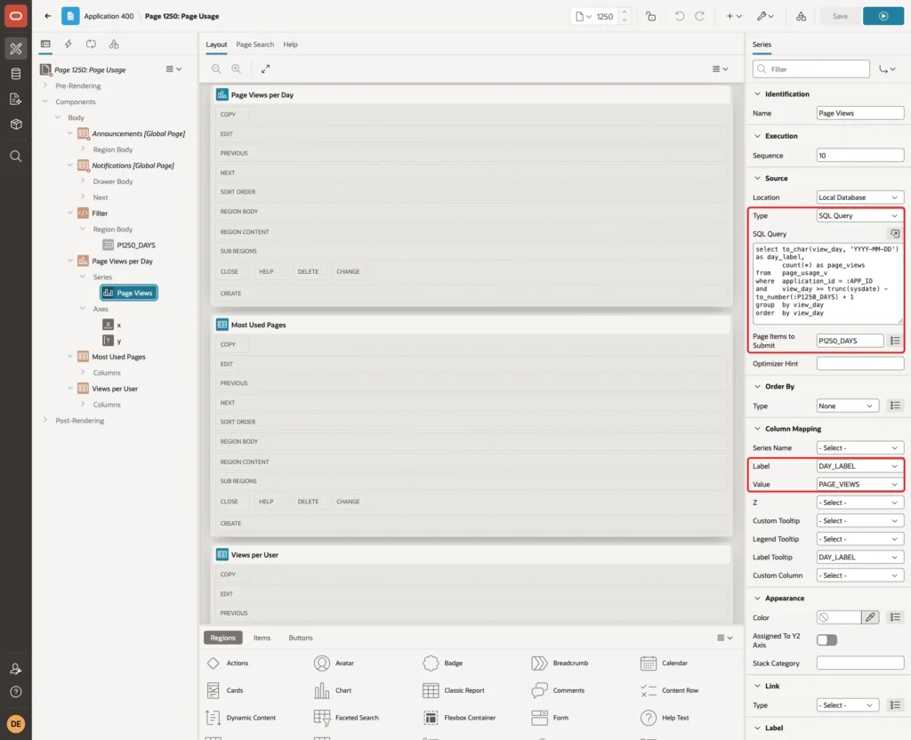 Page Designer with the chart series, the SQL query, Page Items to Submit P1250_DAYS and the Label and Value column mapping marked with red boxes