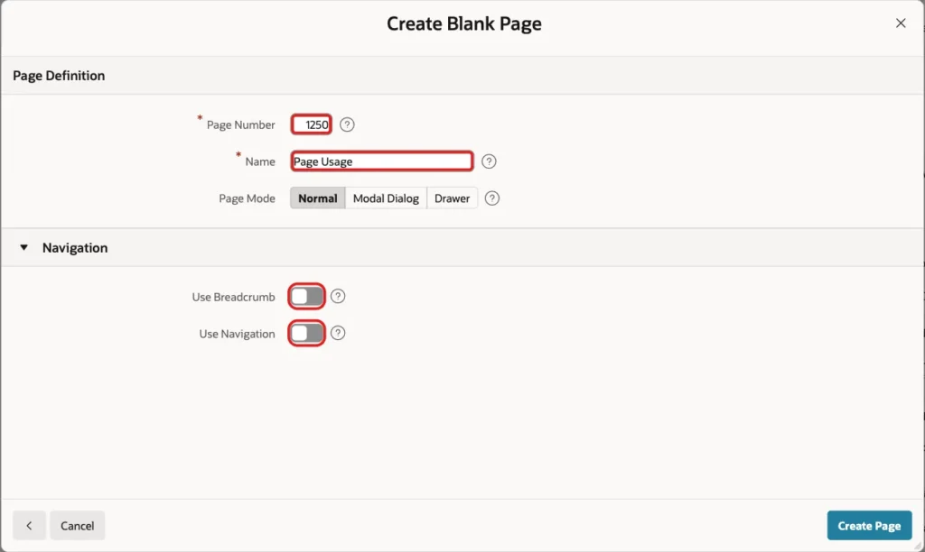 Create Blank Page wizard with Page Number 1250, Name Page Usage, Use Breadcrumb off and Use Navigation off marked with red boxes