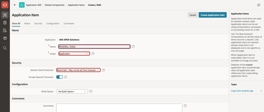Application Item page with Name PENDING_TASKS, Scope Application and Session State Protection Restricted - May not be set from browser marked with red boxes