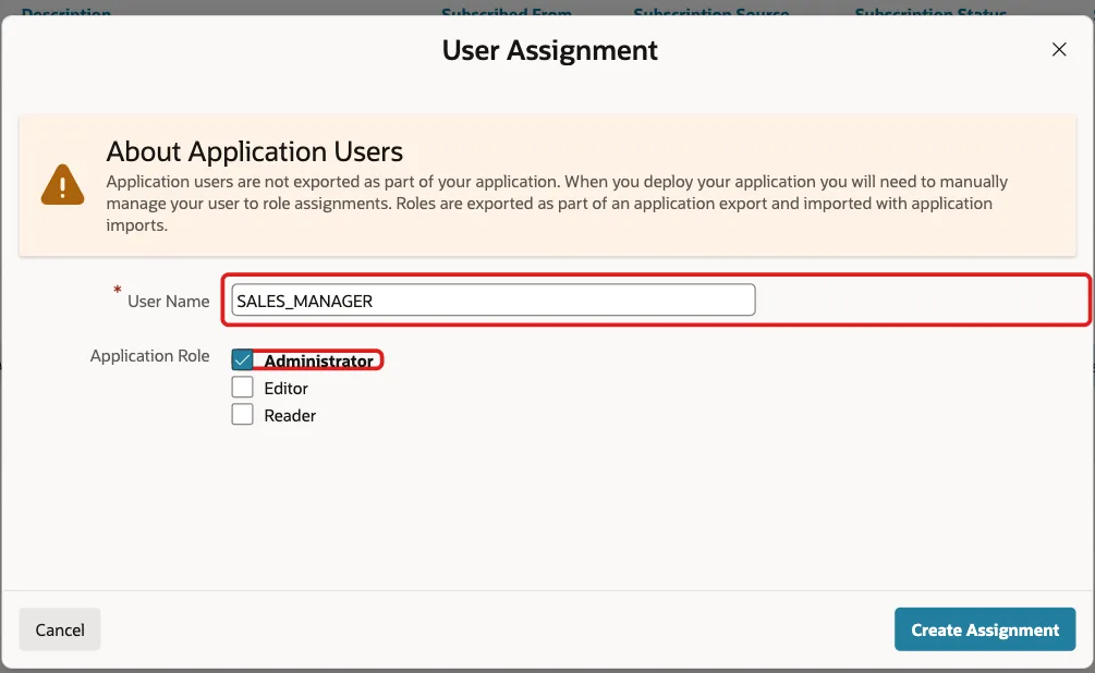 User Assignment dialog with User Name SALES_MANAGER and the Administrator role checked, marked with red boxes