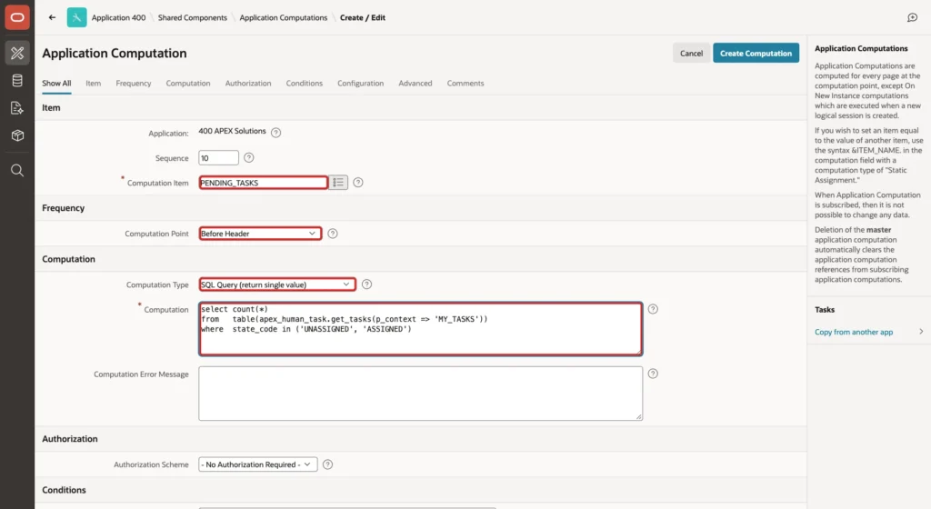 Application Computation page with Computation Item PENDING_TASKS, Computation Point Before Header, Computation Type SQL Query (return single value) and the count query marked with red boxes