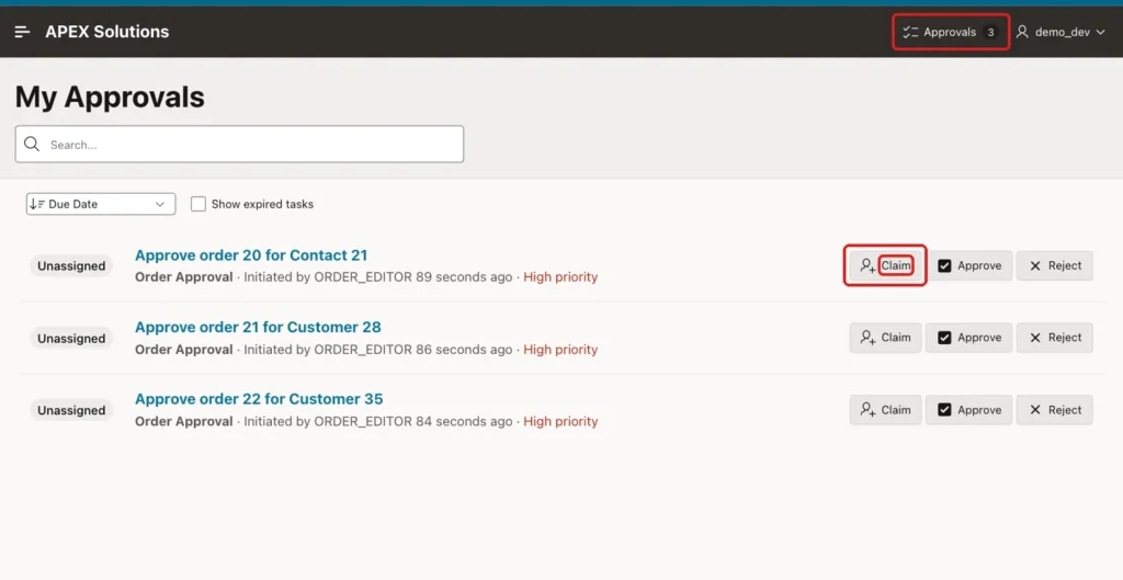 My Approvals for DEMO_DEV with the Approvals 3 badge in the navigation bar and three Unassigned tasks, with the badge and the Claim button of order 20 marked with red boxes