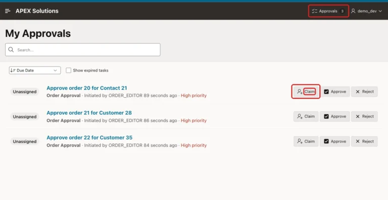 My Approvals for DEMO_DEV with the Approvals 3 badge in the navigation bar and three Unassigned tasks, with the badge and the Claim button of order 20 marked with red boxes
