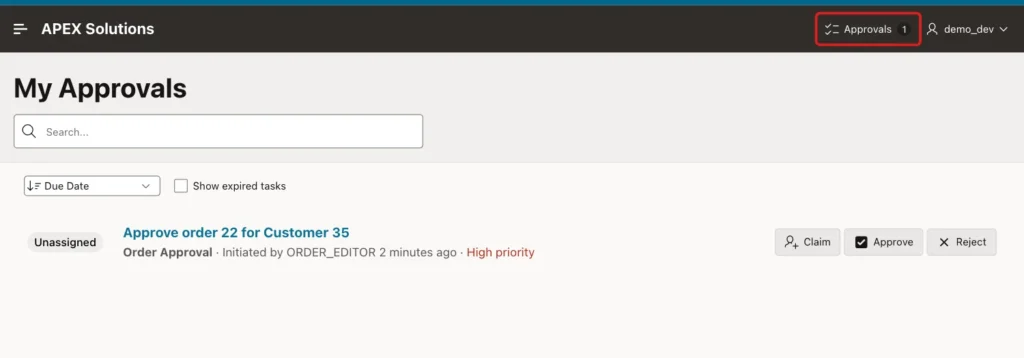 My Approvals for DEMO_DEV with the Approvals 1 badge, marked with a red box, and only the task for order 22
