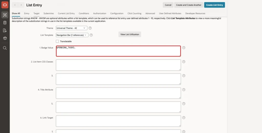 List Entry User Defined Attributes with Badge Value &PENDING_TASKS. marked with a red box