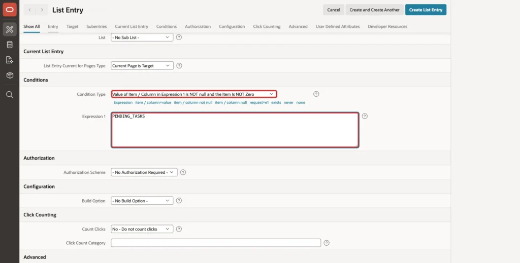 List Entry Conditions with Condition Type Is NOT null and NOT Zero and Expression 1 PENDING_TASKS marked with red boxes