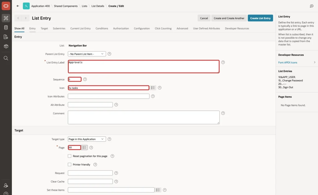 List Entry page with List Entry Label Approvals, Sequence 5, Icon fa-tasks and Page 191 marked with red boxes