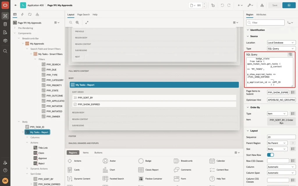 Page Designer showing the My Tasks - Report region with the SQL query calling apex_human_task.get_tasks with p_context MY_TASKS, marked with a red box