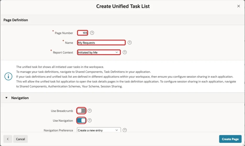 Create Unified Task List step with Page Number 193, Name My Requests, Report Context Initiated by Me, Use Breadcrumb off and Use Navigation on, marked with red boxes