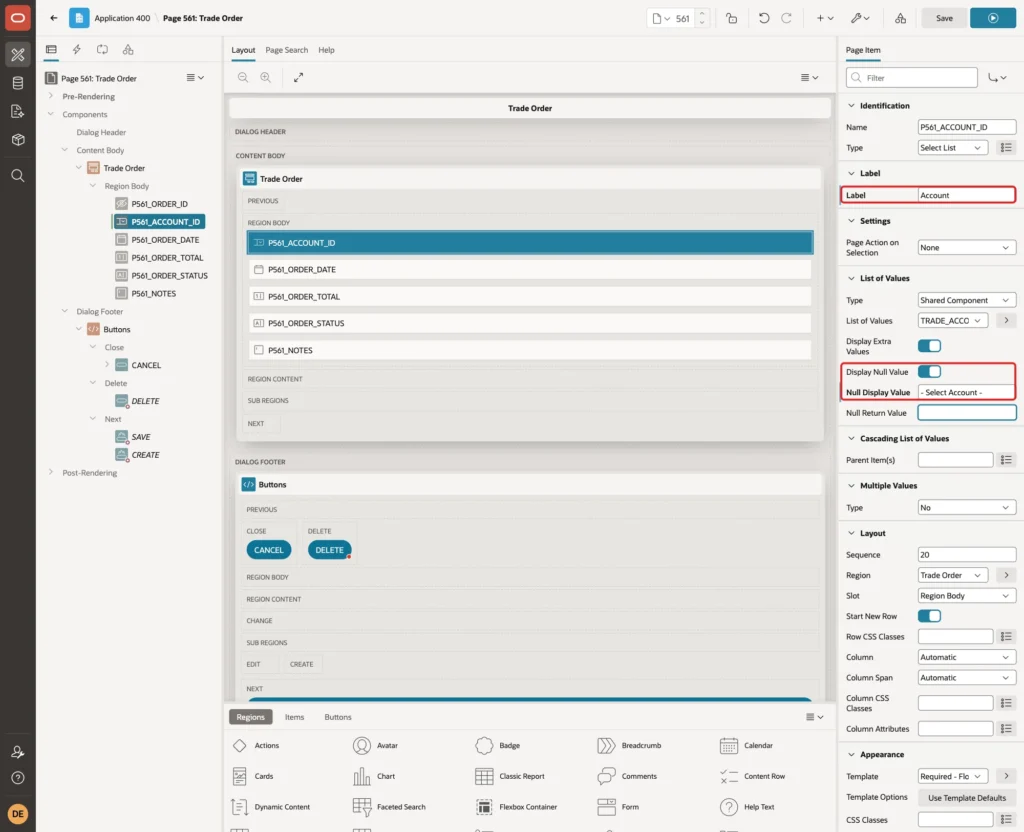 P561_ACCOUNT_ID with Label Account, Display Null Value on and Null Display Value - Select Account - marked with red boxes