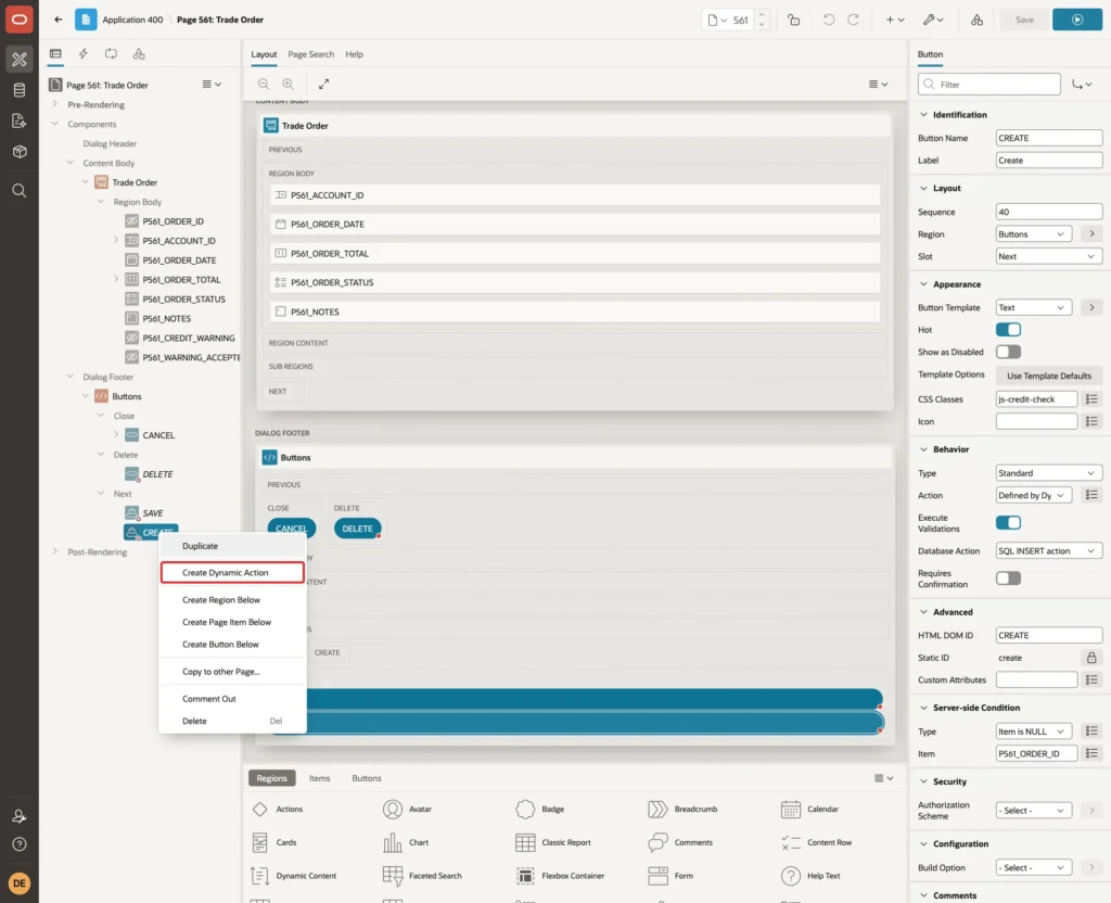 Context menu of the CREATE button with Create Dynamic Action marked with a red box