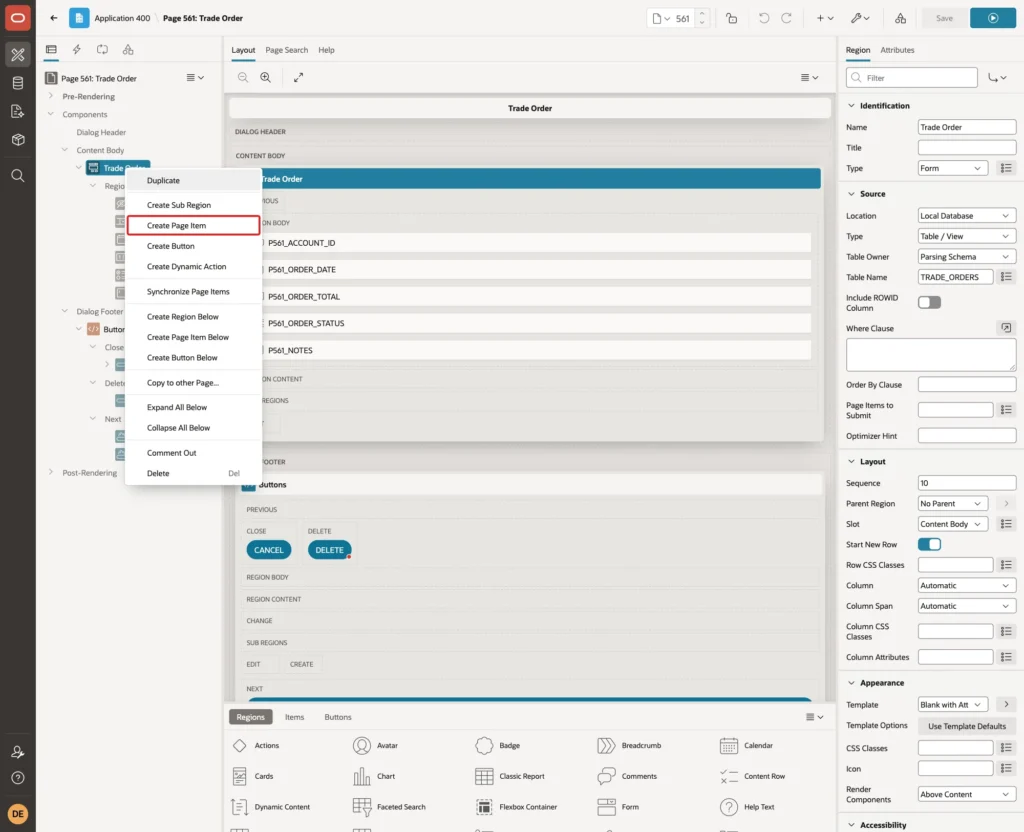 Context menu of the Trade Order region with Create Page Item marked with a red box