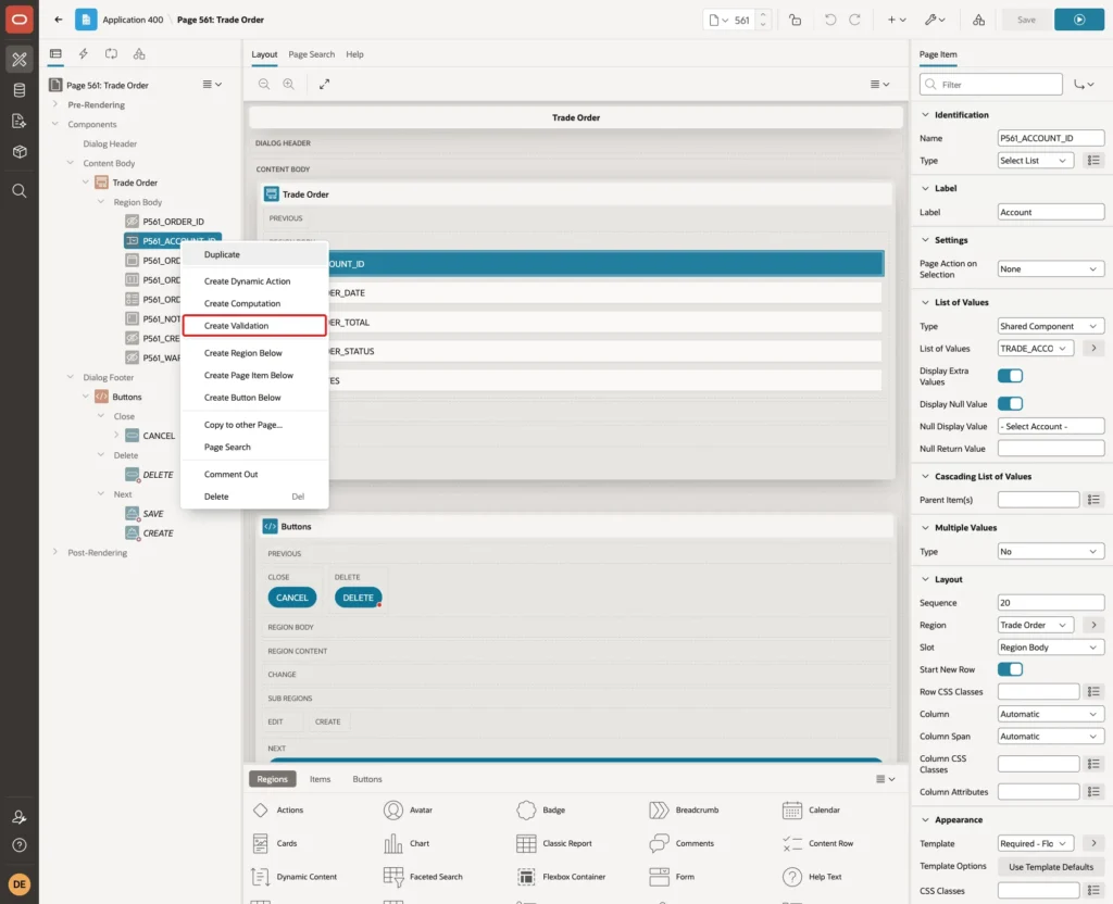 Context menu of P561_ACCOUNT_ID with Create Validation marked with a red box