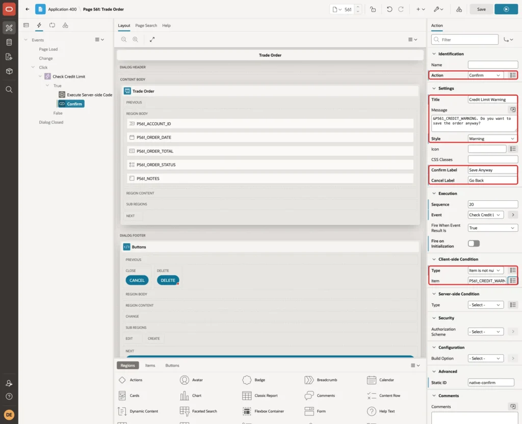 Confirm action with Title, Message, Style Warning, Confirm Label Save Anyway, Cancel Label Go Back and the client-side condition marked with red boxes