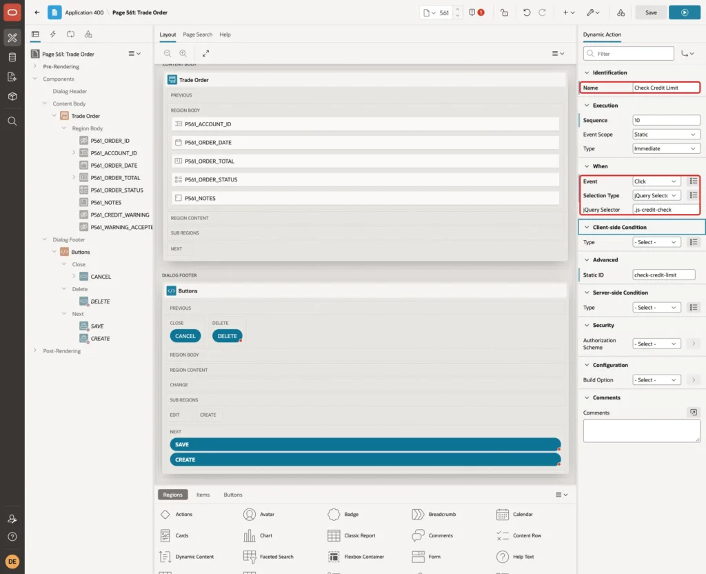 Dynamic action Check Credit Limit with Event Click, Selection Type jQuery Selector and jQuery Selector .js-credit-check marked with red boxes