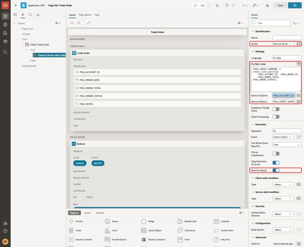 Execute Server-side Code action with the PL/SQL code, Items to Submit, Items to Return and Wait For Result marked with red boxes