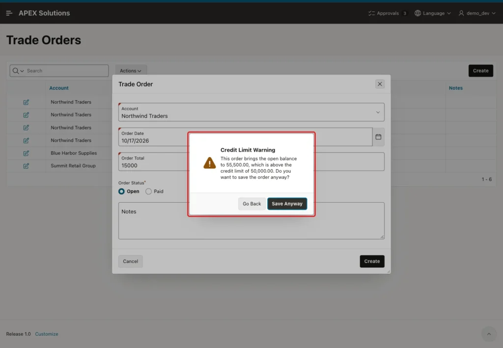 Credit Limit Warning dialog with the balance and limit text and the Go Back and Save Anyway buttons, marked with a red box
