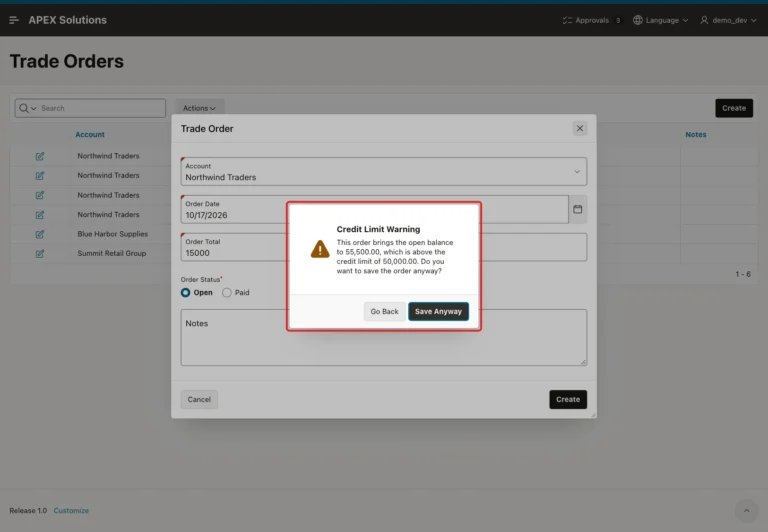 Credit Limit Warning dialog with the balance and limit text and the Go Back and Save Anyway buttons, marked with a red box