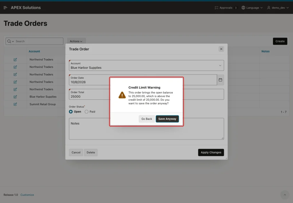 Credit Limit Warning for an existing Blue Harbor Supplies order showing a balance of 25,000.00 against a limit of 20,000.00, marked with a red box