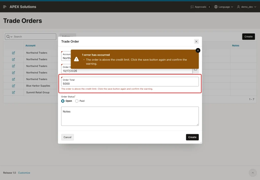 Trade Order dialog with the error The order is above the credit limit below Order Total, marked with a red box