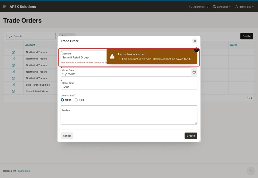 Trade Order dialog for Summit Retail Group with the error This account is on hold, marked with a red box