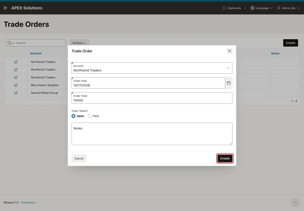 Trade Order dialog for Northwind Traders with Order Total 10000 and the Create button marked with a red box