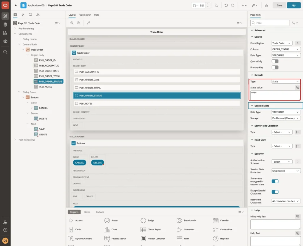 Default group of P561_ORDER_STATUS with Type Static and Static Value OPEN marked with a red box