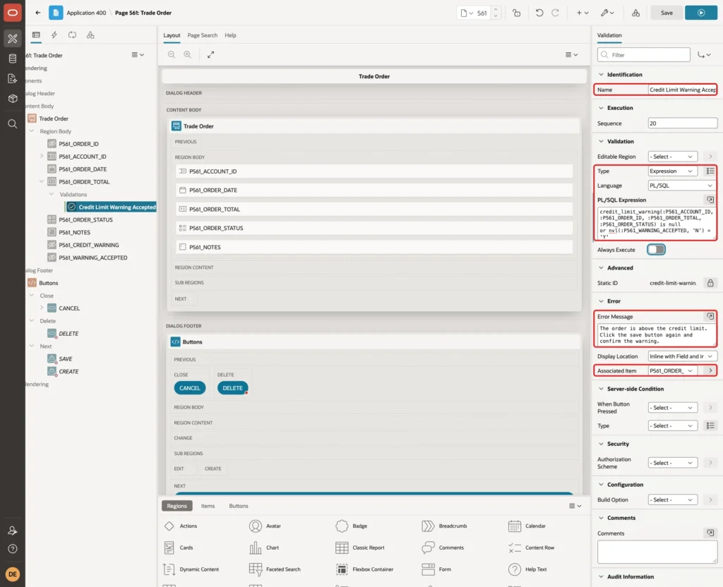 Validation Credit Limit Warning Accepted with Type Expression, the PL/SQL expression, the error message and Associated Item marked with red boxes