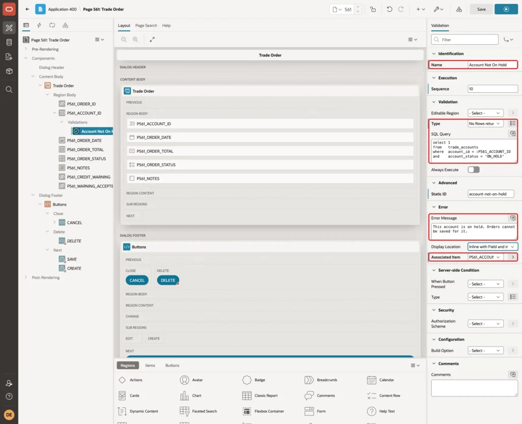 Validation Account Not On Hold with Type No Rows returned, the SQL query, the error message and Associated Item marked with red boxes