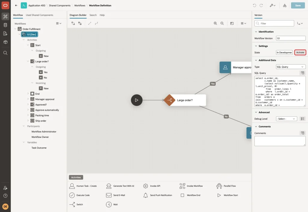 Workflow Designer showing the version 1.0 with the Activate button marked with a red box