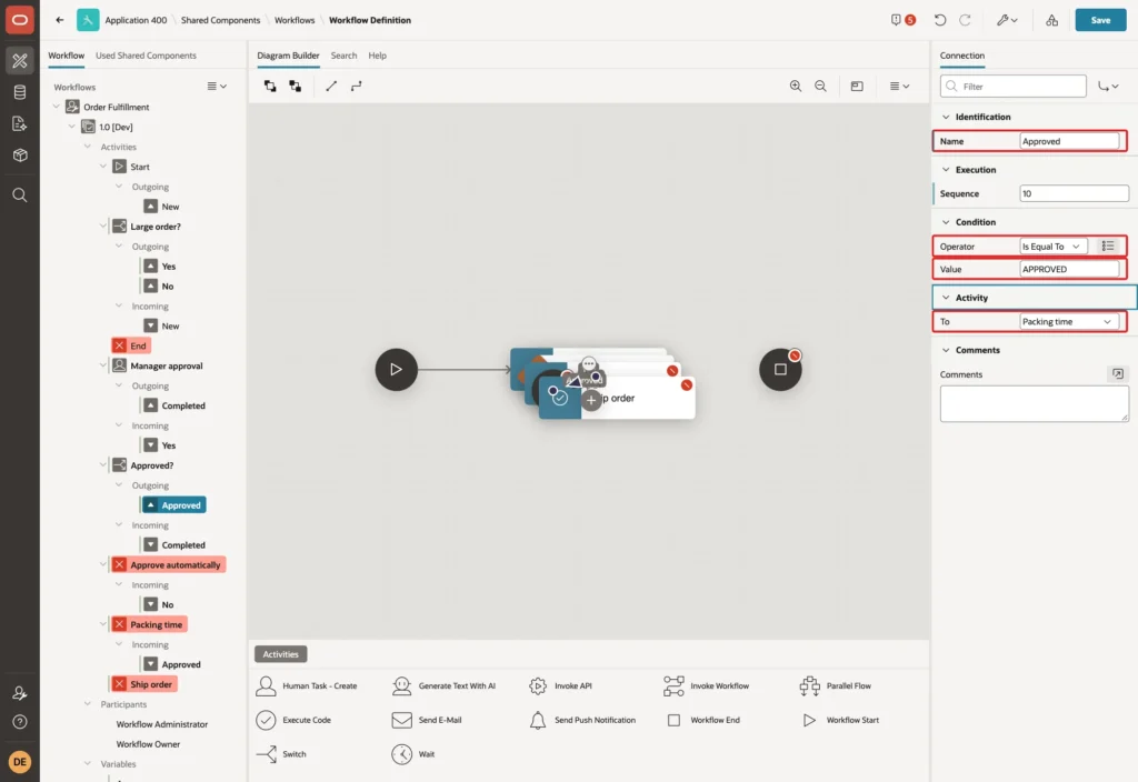 Workflow Designer showing the connection Approved with Operator Is Equal To, Value APPROVED and To Packing time marked with red boxes