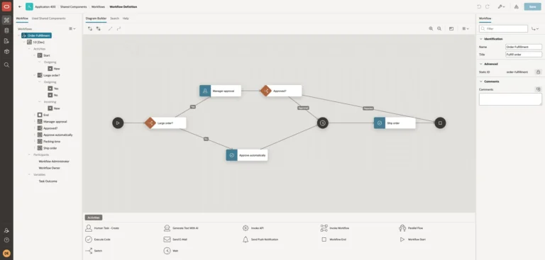 Workflow Designer diagram of Order Fulfillment from Start through Large order? to Manager approval and Approved? or Approve automatically, then Packing time, Ship order and End