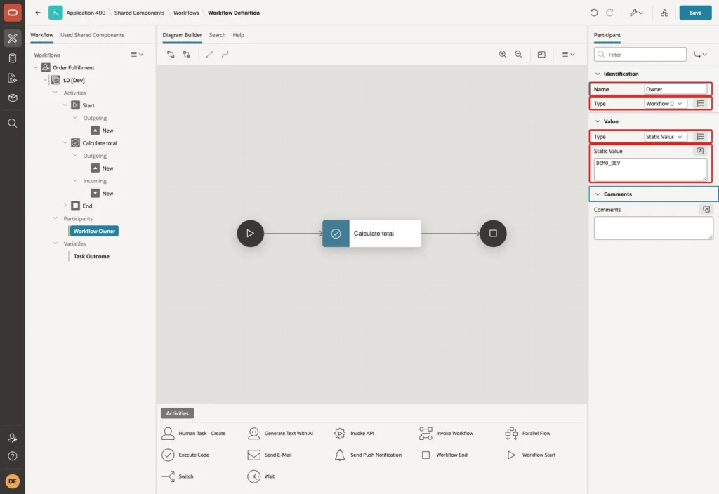 Workflow Designer showing a participant with Name Owner, Type Workflow Owner, Value Type Static Value and Static Value DEMO_DEV marked with red boxes