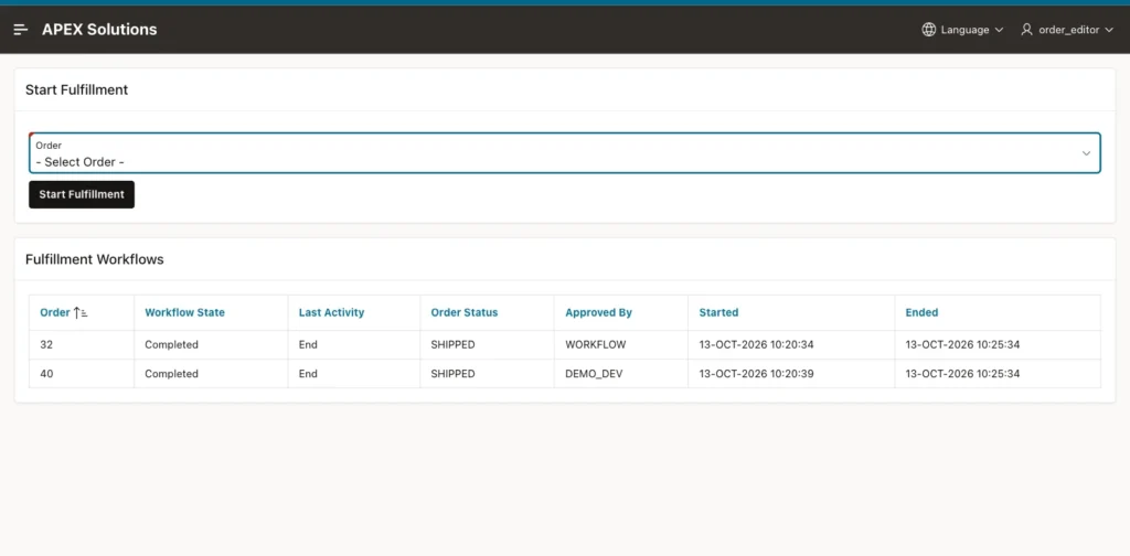 Fulfillment Workflows report with orders 32 and 40 Completed at End, SHIPPED, approved by WORKFLOW and DEMO_DEV