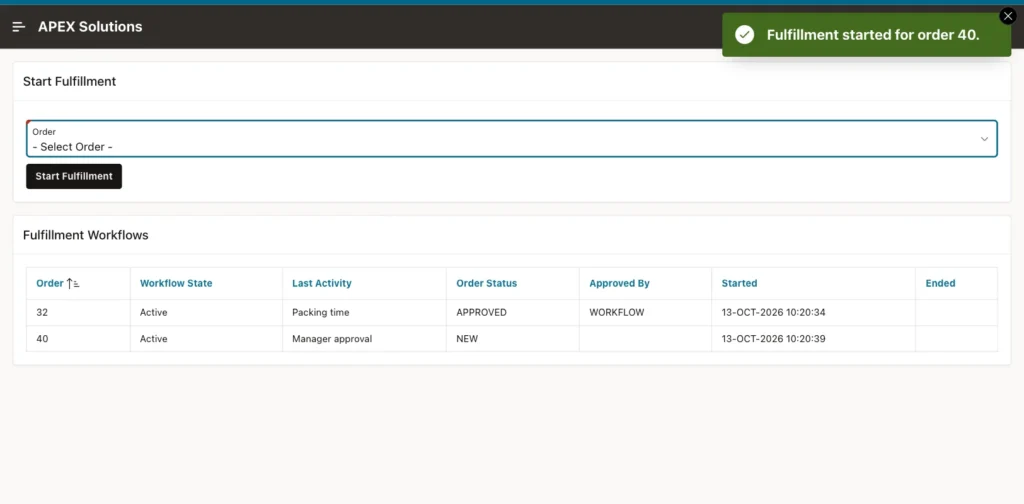 Fulfillment Workflows report with order 32 Active at Packing time APPROVED by WORKFLOW, and order 40 Active at Manager approval NEW