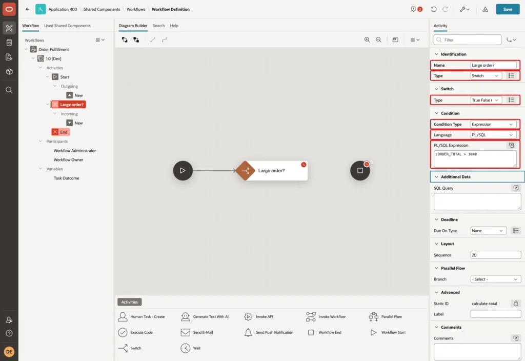 Workflow Designer showing the activity Large order? with Type Switch, Switch Type True False Check, Condition Type Expression, Language PL/SQL and the expression :ORDER_TOTAL > 1000 marked with red boxes
