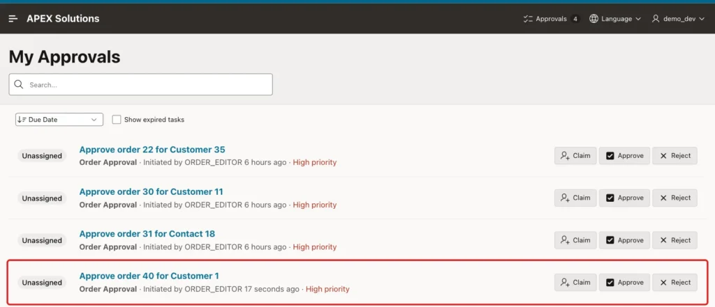 My Approvals with the task Approve order 40 for Customer 1 marked with a red box