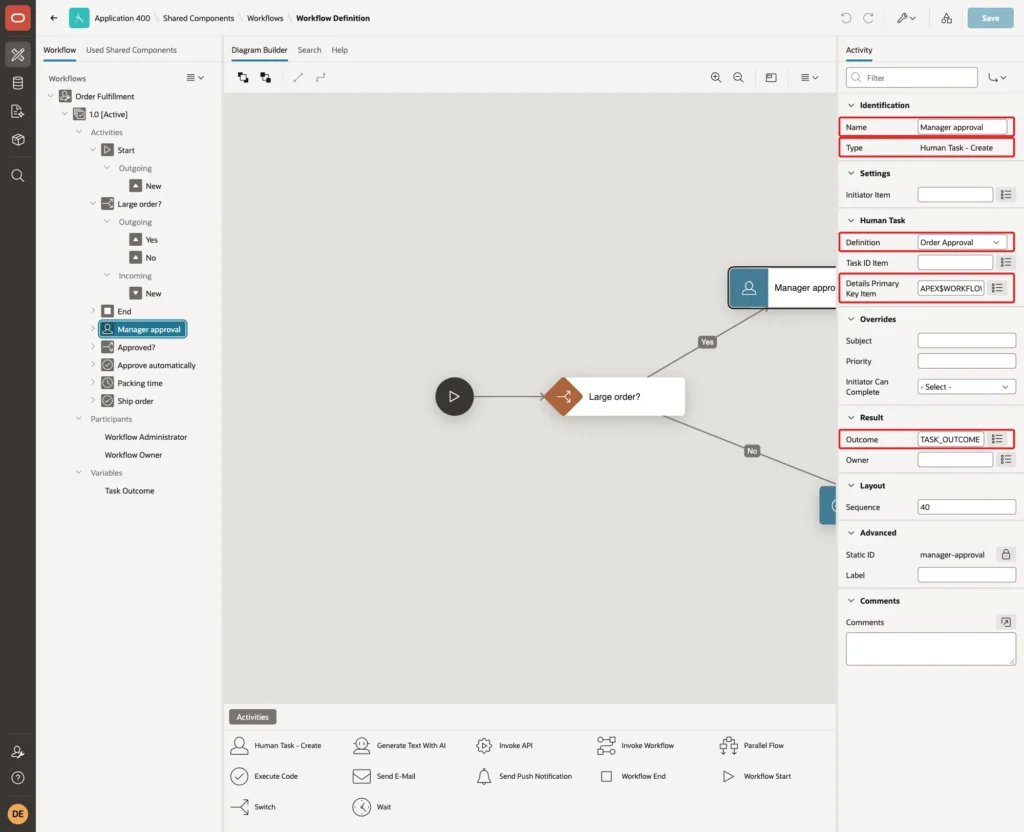 Workflow Designer showing Manager approval with Type Human Task - Create, Definition Order Approval, Details Primary Key Item APEX$WORKFLOW_DETAIL_PK and Outcome TASK_OUTCOME marked with red boxes
